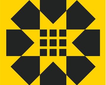 A graphic design with geometric shapes in black on a yellow background. The arrangement resembles a stylized flower or a mandala.