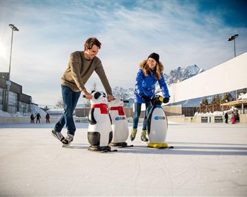 Ein Mann und eine Frau gleiten auf einer Eisbahn und benutzen lustige Eishockey-Pinguine zum Halten. Im Hintergrund sind andere Schlittschuhläufer und schneebedeckte Berge zu sehen.