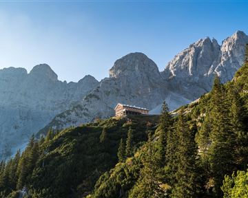 A picturesque mountain landscape with tall peaks and a forest of coniferous trees. In the foreground stands a rustic building, nestled in nature.