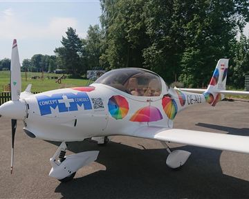 Ein bunt dekoriertes Flugzeug steht auf einem Parkplatz. Im Hintergrund sind Bäume und eine grüne Wiese zu sehen.