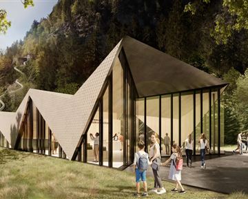 A modern building with a unique architectural shape in a natural environment. Families enjoy spending time outdoors in front of the building.