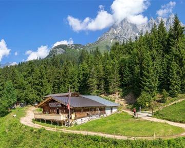 Eine gemütliche Hütte umgeben von grünen Wäldern und Bergen. Der Himmel ist blau mit wenigen Wolken.