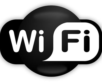 A WiFi symbol on a black background. It displays the letters "WiFi" in a modern font.