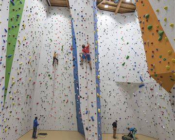 A climbing gym with various climbing walls and several climbers. The walls are colorful and the environment is well-lit.