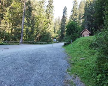 A quiet forest path with gravel and green meadows. In the background, a small hut can be seen, surrounded by trees.
