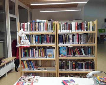 Ein Bücherregal mit vielen verschiedenen Büchern steht in einem Raum. Im Hintergrund sind Tische und eine Wand mit bunten Bildern sichtbar.