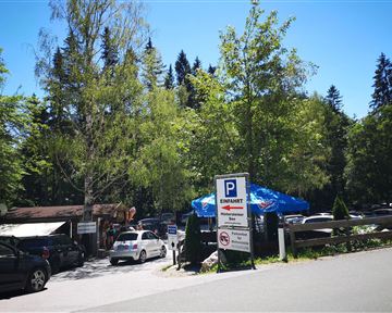 Ein Parkplatz in einer grünen Umgebung mit vielen Bäumen. Auf dem Parkplatz stehen mehrere Autos und im Hintergrund ist ein kleines Gebäude mit einem blauen Dach zu sehen.