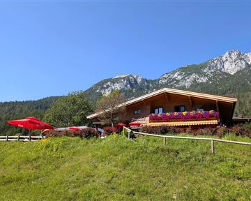 A beautiful house in the mountains with colorful flowers and a sun terrace. In the background, green meadows and majestic mountains can be seen.