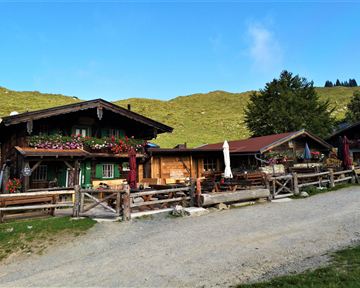 Ein charmantes altes Bauernhaus mit blühenden Blumen und rustikalem Holzdekor. Im Hintergrund sieht man eine grüne Hügel-Landschaft unter einem klaren Himmel.