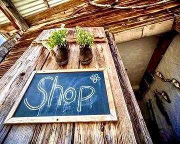 A rustic wooden sign with the inscription "Shop" hangs on a wall. Above it, two pots with fresh plants are attached.