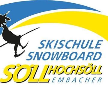 A logo of the ski and snowboard school in Söll. It shows a figure flying with a broom, surrounded by blue and yellow elements.