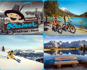 Ein einladendes Skigebiet in Tirol mit einem fröhlichen Logo. Oben sieht man Radfahrer am See, unten sind Skifahrer in schneebedeckten Bergen.