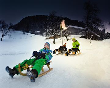 Three children are happily sledding down a snow-covered hill. In the background, a wooden house and trees can be seen.
