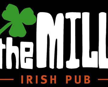 Ein Logo für ein irisches Pub namens "The Mill". Es zeigt ein dreiblättriges Kleeblatt und eine auffällige Schrift.