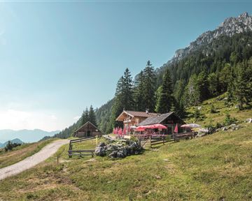Eine malerische Berghütte umgeben von grünen Wiesen und hohen Bäumen. Im Hintergrund erheben sich beeindruckende Berge unter einem klaren Himmel.