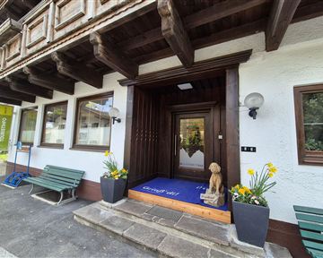 An inviting entrance area with wooden paneling and a blue doormat. Various plants and benches create a cozy atmosphere.
