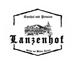 Ein Logo des Gasthofs und der Pension "Lanzenhof". Es zeigt eine Zeichnung des Hauses und den Standort "Going am Wilden Kaiser".