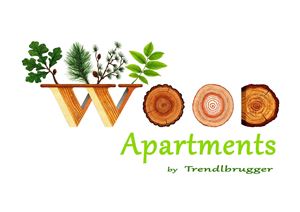 Ein kreatives Logo für "Wood Apartments" mit stylisierten Holzscheiben und grünen Pflanzen. Das Design vermittelt eine naturnahe und einladende Atmosphäre.