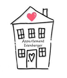 Eine einfache Zeichnung eines Hauses mit einem Herz symbol. Darunter steht der Text "Appartement Exenberger".