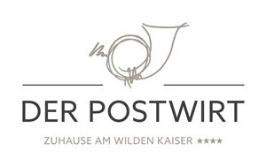 A logo of "Der Postwirt" with a minimalist design. The slogan reads "Home at the Wild Kaiser" and it has four stars.