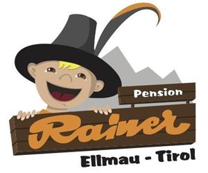 A cheerful logo featuring a childlike character wearing a large hat. The inscription "Pension Rainer Ellmau - Tirol" is clearly visible.