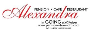 A sign for the guesthouse, café, and restaurant "Alexandra" in Going. The contact details and website are also included.
