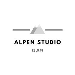 A simple logo for "Alpen Studio" in Ellmau with stylized mountains. The design is modern and minimalist.