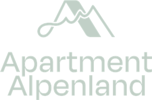 A modern logo for an apartment named "Alpenland". It features stylized mountains and a curved lettering.