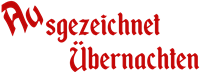 Eine stilisierte Schrift mit den Worten "Ausgezeichnet Übernachten" in roter Farbe. Der Hintergrund ist schwarz und hebt die Schrift hervor.