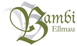 The image shows the logo of "Bambi Ellmau". It consists of curved lettering in green and a stylized background.