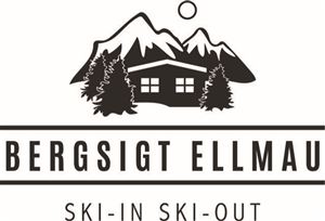 A stylized logo with mountains, a house, and coniferous trees. The inscription "Bergsigt Ellmau - Ski-in Ski-out" is also included.