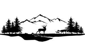 A stylized landscape with mountains, fir trees, and wildlife. In the foreground, a stag and deer can be seen.