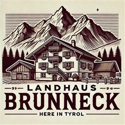 A traditional country house with a balcony and blooming plants, surrounded by majestic mountains. The inscription "Landhaus Brunnneck" highlights the Tyrolean location.