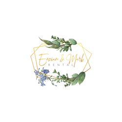 Ein elegantes Logo mit dem Schriftzug "Emmian & Mark Rental". Umrahmt von grünen Blättern und Blumen in sanften Farben.