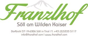 A logo of Franzlhof in Söll am Wilden Kaiser. It displays the name in green letters and information about the address and contact.
