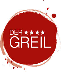 A logo with the name "DER GREIL" in large, white letters and four stars. The background is red with a circular color splash.