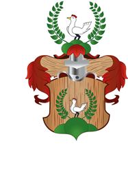 A coat of arms with a wooden shield displaying a white dove and green laurel leaves. Above it is a stylized dove depicted in a wreath of leaves.