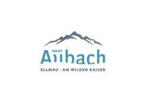 Ein Logo mit dem Namen "Haus Ailhach". Es zeigt stilisierte Berge und den Ort Ellmau am Wilden Kaiser.