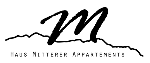 A stylish logo for "Haus Mitterer Appartements". It features an elegant letter "M" surrounded by a curved line.