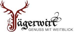 The image shows the logo of "Jägerwirt". It features stylized antlers and the slogan "Enjoyment with a View".
