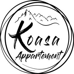 A minimalist logo for "Koasa Appartement" with stylized mountains in the background. The font is designed to be modern and elegant.