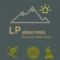 A stylized logo featuring mountains and symbols for winter sports, cycling, and hiking. The text describes the country house Patricia in Ellmau at the Wilden Kaiser.