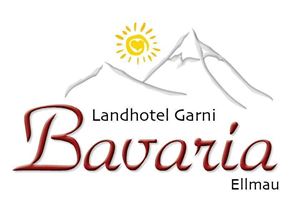 A logo of the country hotel Garni Bavaria in Ellmau. It features stylized mountains and a sun.
