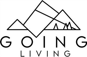 A minimalist logo with geometric mountain shapes. The text "GOING LIVING" is placed in clear font below.