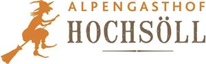 A logo of the Alpengasthof Hochsöll featuring an image of a witch on a broomstick. The lettering is in orange and brown.