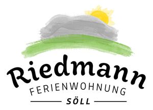 Ein Logo für die Ferienwohnung Riedmann in Söll. Es zeigt eine einfache Darstellung von Hügeln und einer Sonne.