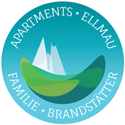 A modern logo for apartments in Ellmau. It features stylized mountains and green hills, surrounded by an appealing blue background.