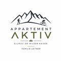 A logo for "Appartement Aktiv" in Ellmau am Wilden Kaiser. It features stylized mountains with a hiker and a cyclist.