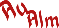 The image shows the inscription "Au Alm" in red and artistic font. The background is black, which highlights the text.