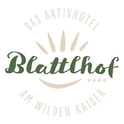 A logo of the Aktivhotel Blatthof at the Wilden Kaiser. It features the hotel name in stylish, natural colors.